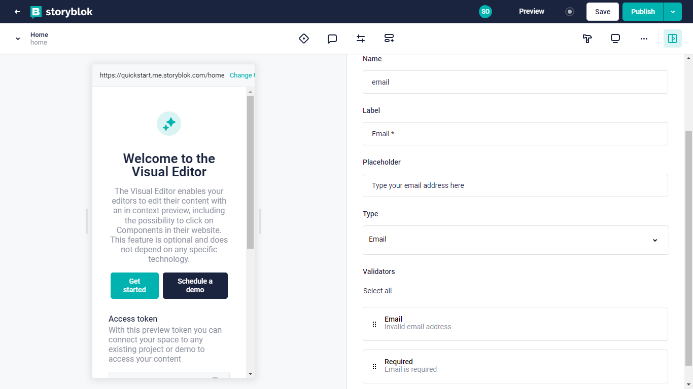 Form component on the visual editor