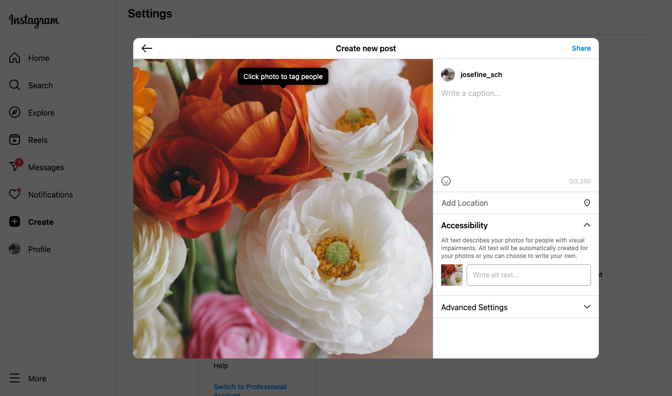 Image of flower bouquet about to be published on Instagram