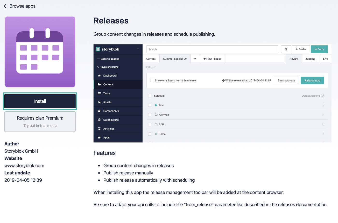 Detail screen of the Releases App.