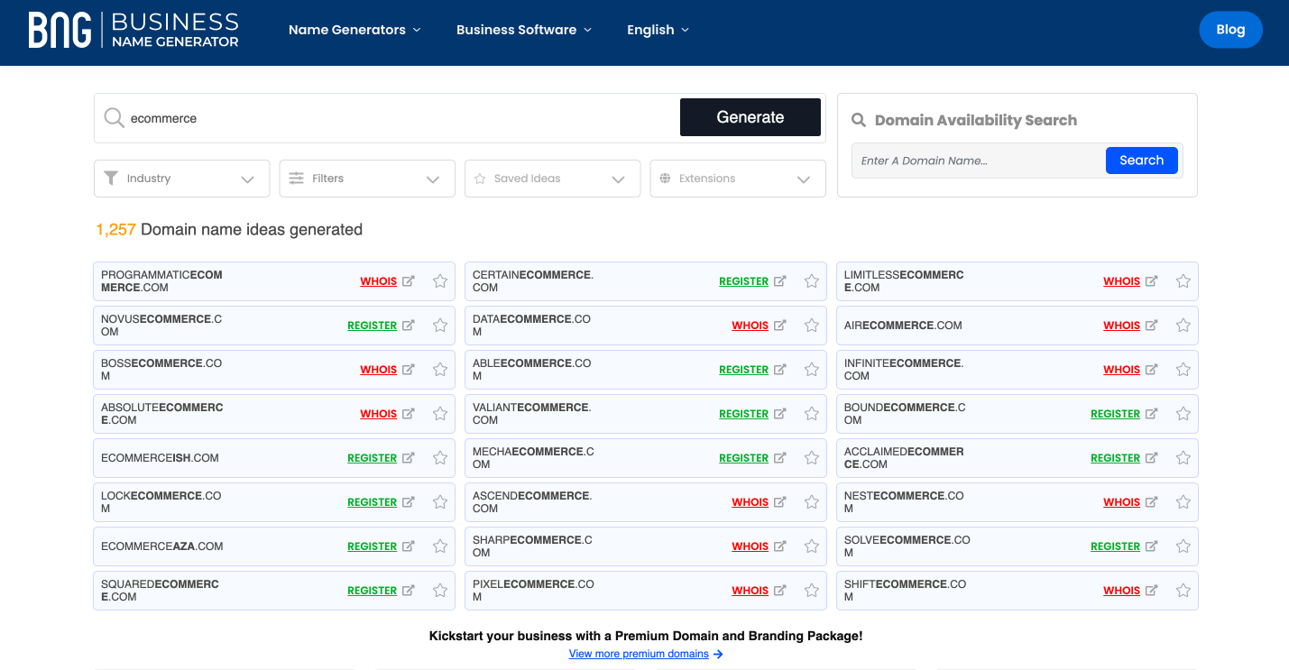 A business name generator showing 1,257 names created from the phrase 'ecommerce'.