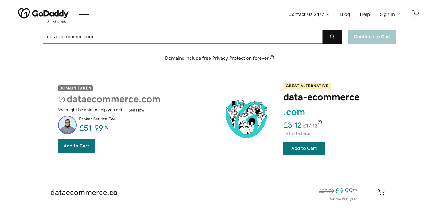 GoDaddy's name generator, showing a site called dataecommerce.com is taken but suggests an alternative, data-ecommerce.com.