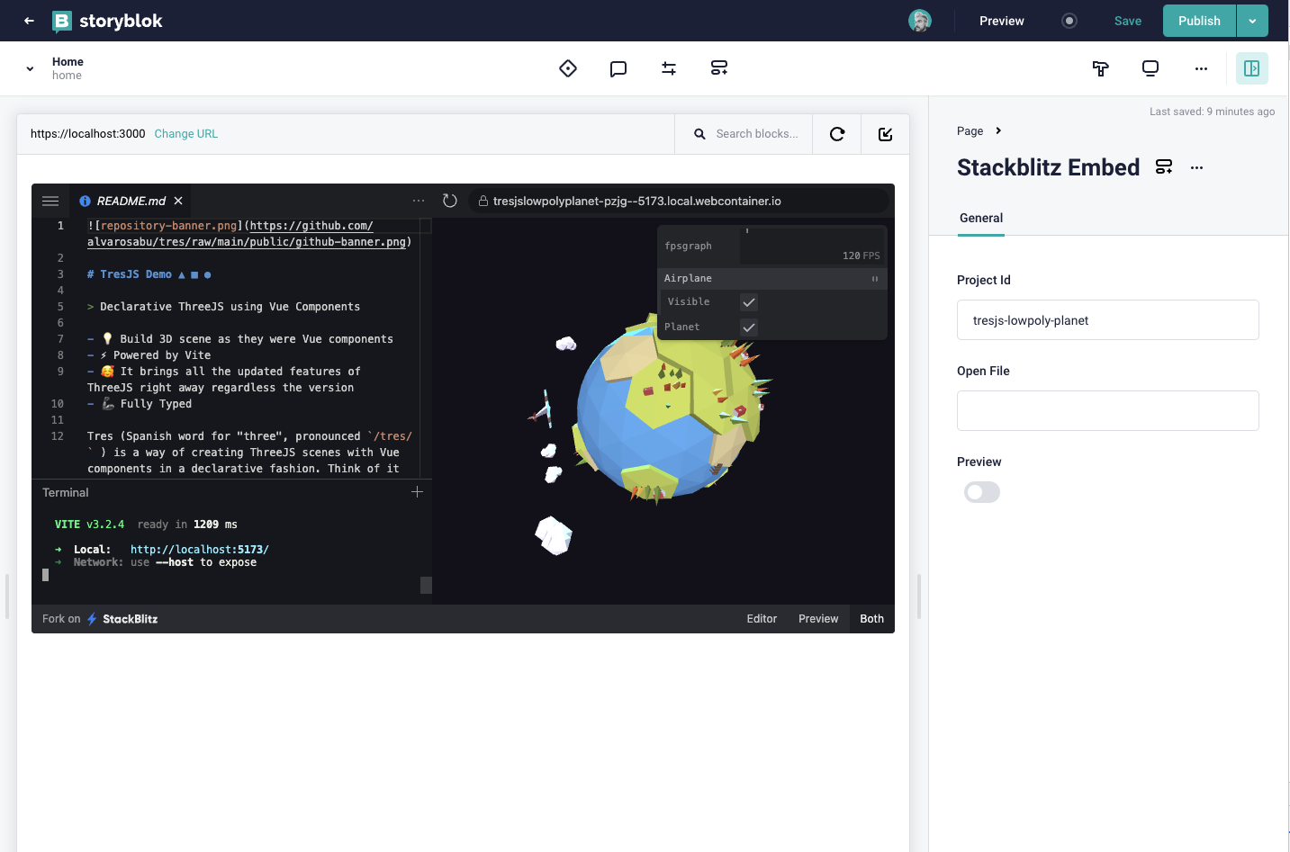 Stackblitz Block render on the visual editor preview