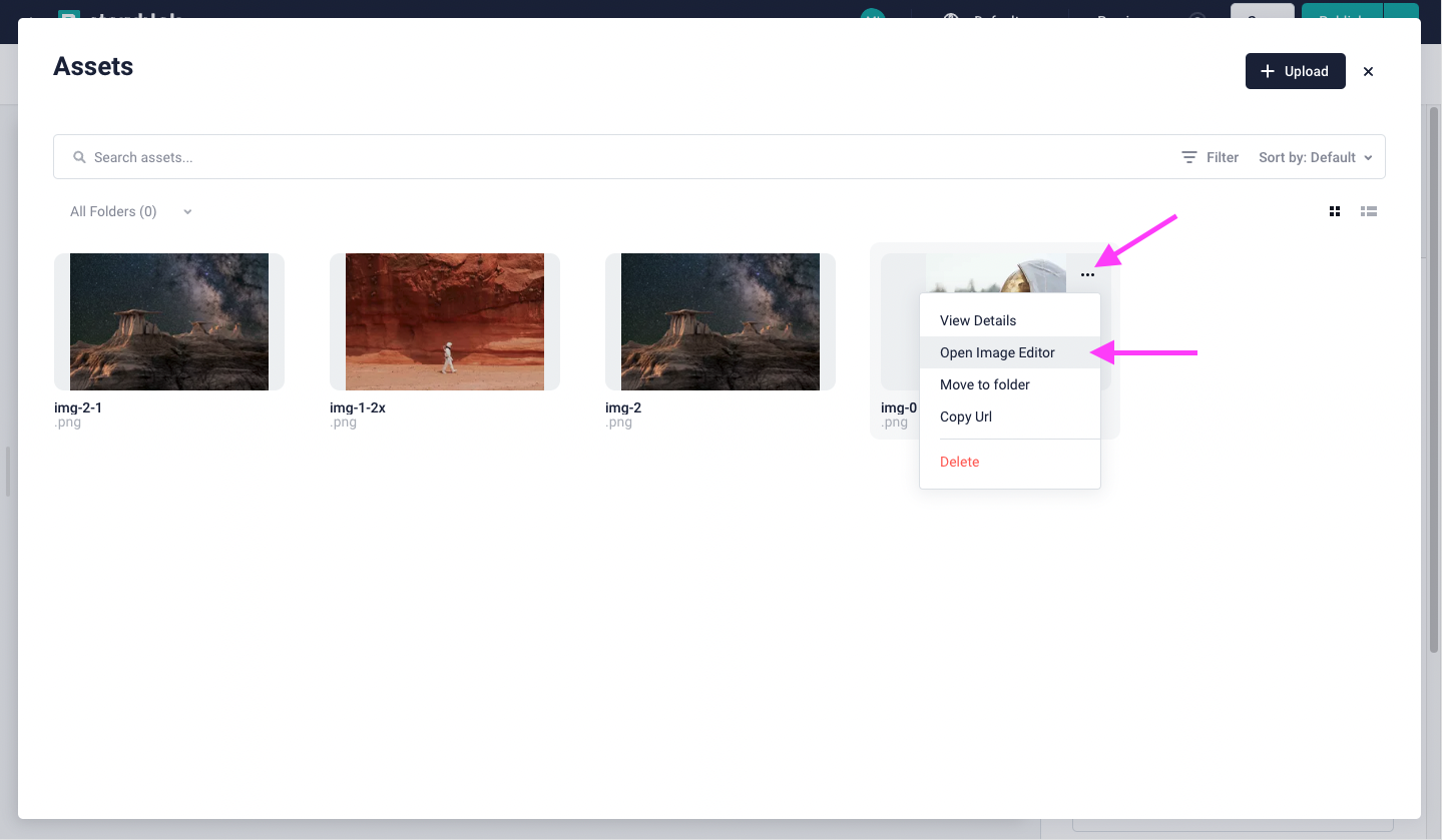 Clicking on the actions button and opening the Image Editor