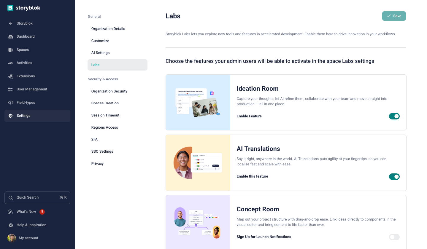 Manage Storyblok Labs Features