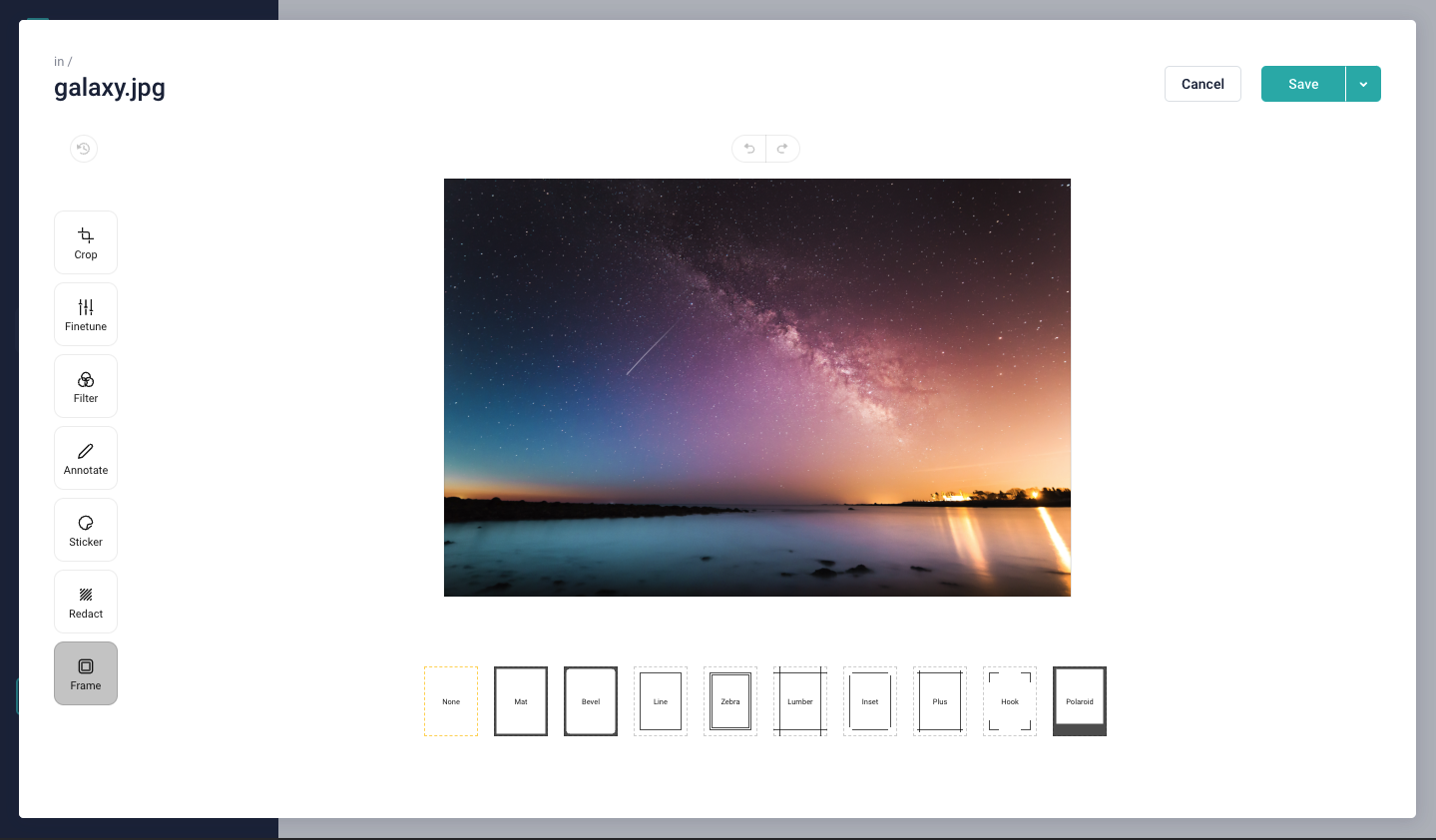 A screenshot of the Image Editor with the Frame feature selected