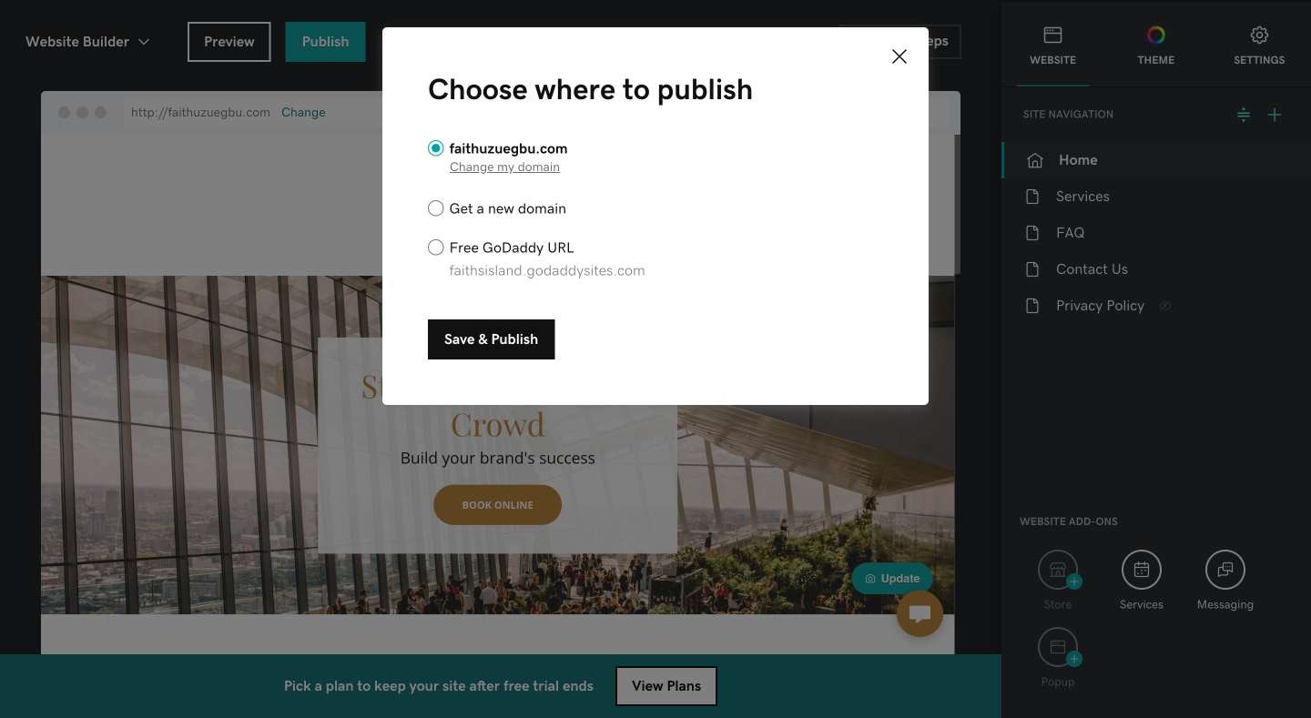 The option to publish a page on GoDaddy, either under a personal domain, a new one, or a free GoDaddy URL.