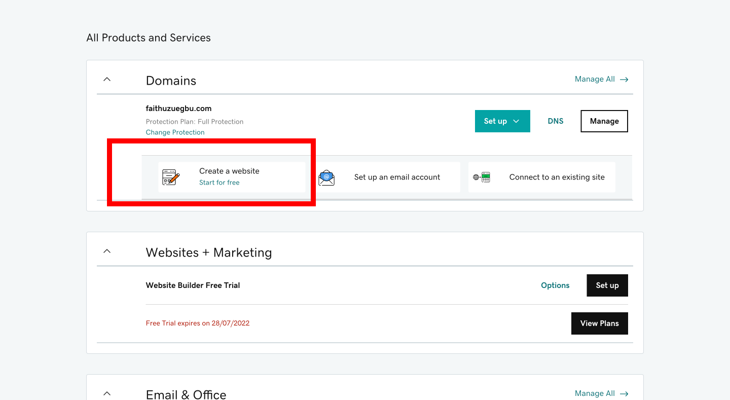 The option to create and host a website on GoDaddy
