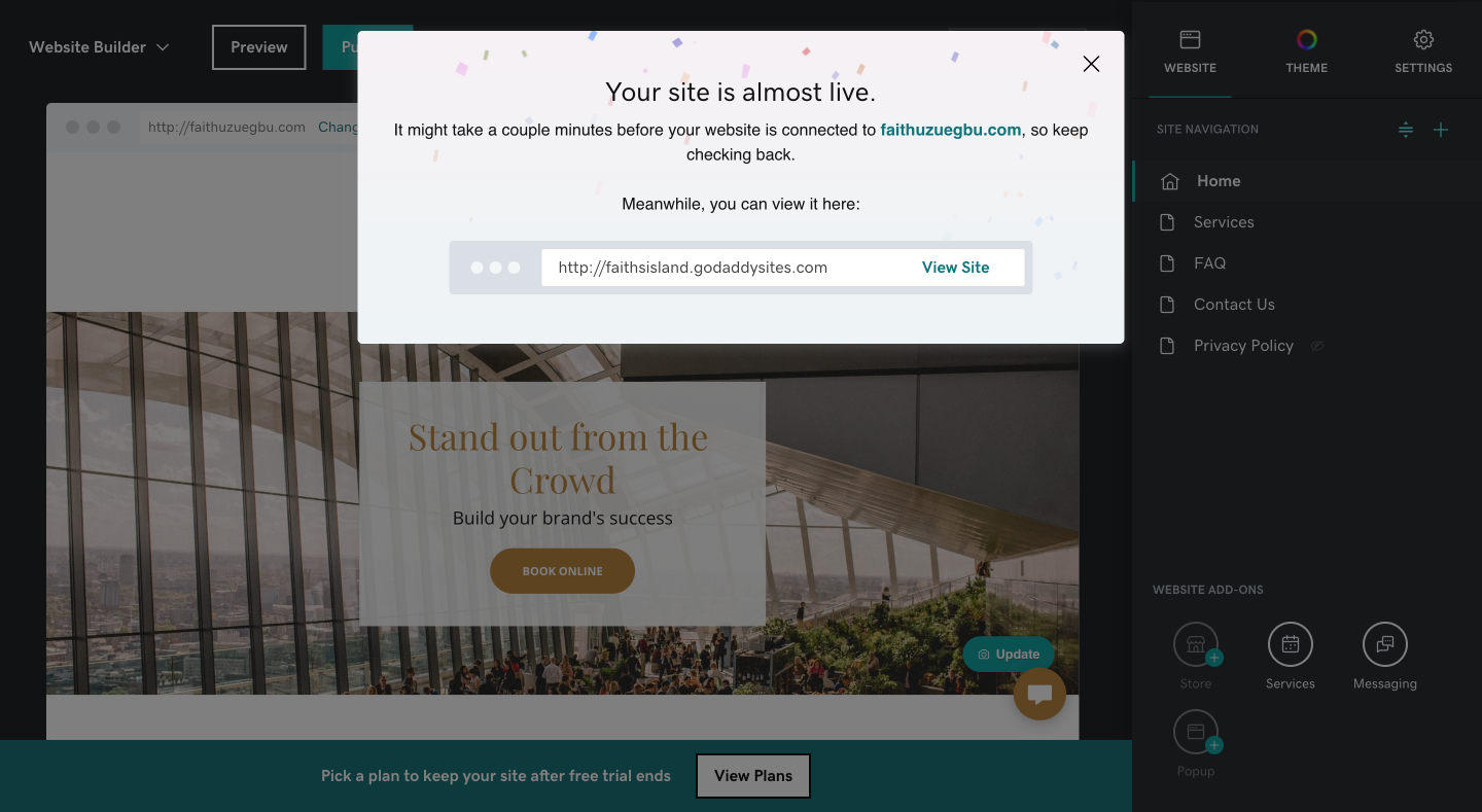 The last stage of publishing a GoDaddy hosted website: a popup window stating that the domain will be connected to the website in a few minutes.