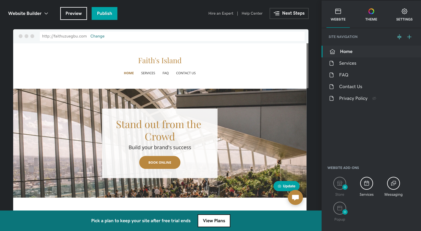 A GoDaddy page template with a visual section in the middle and site navigation options on the right.