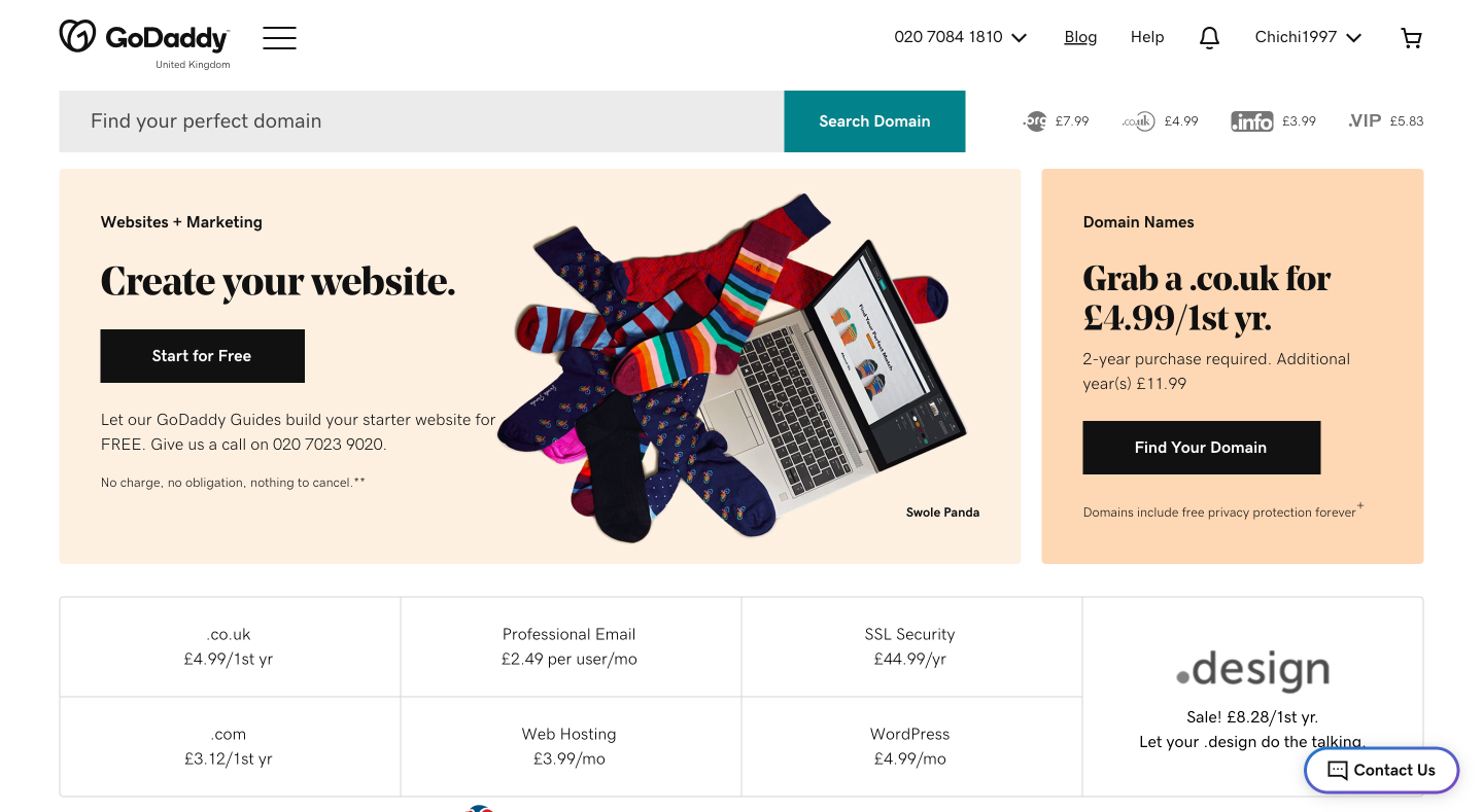 GoDaddy's homepage, showing an option to search for a domain name to see if it's available for purchase.