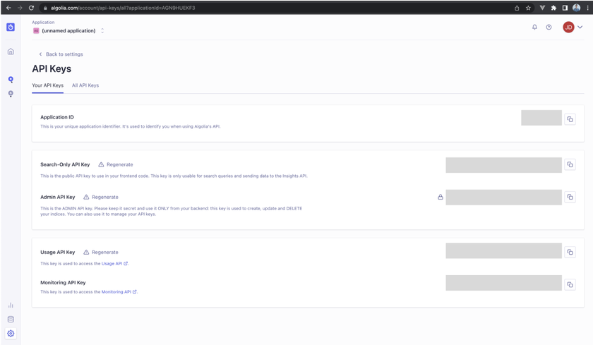 Algolia dashboard
