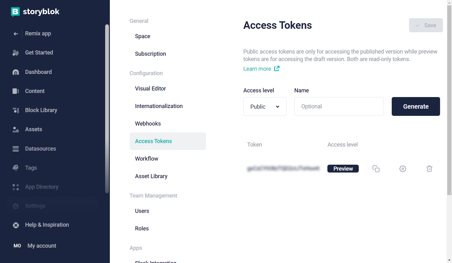 Storyblok access tokens