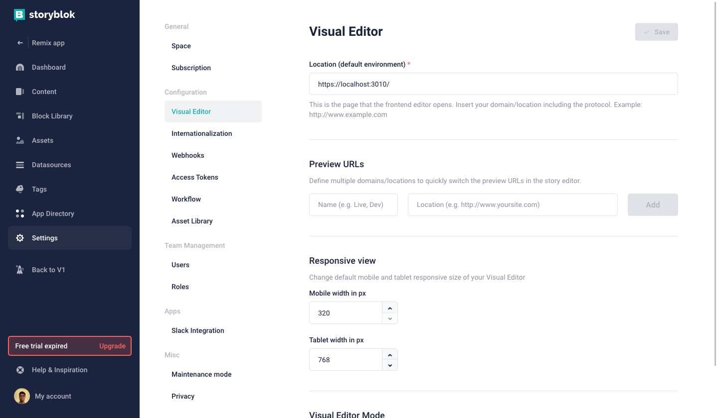 Visual editor settings on Storyblok