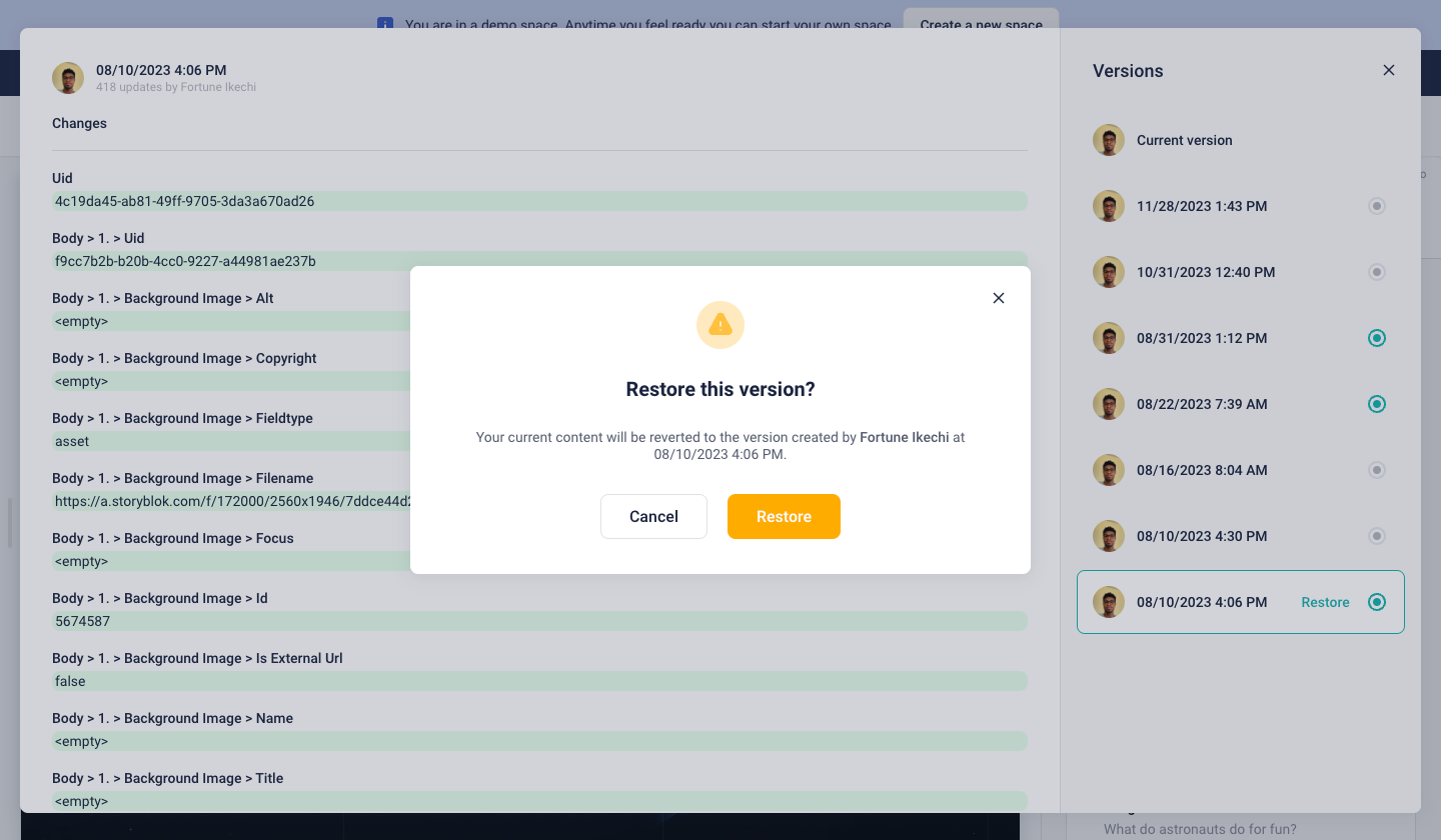 Storyblok restore confirmation popup