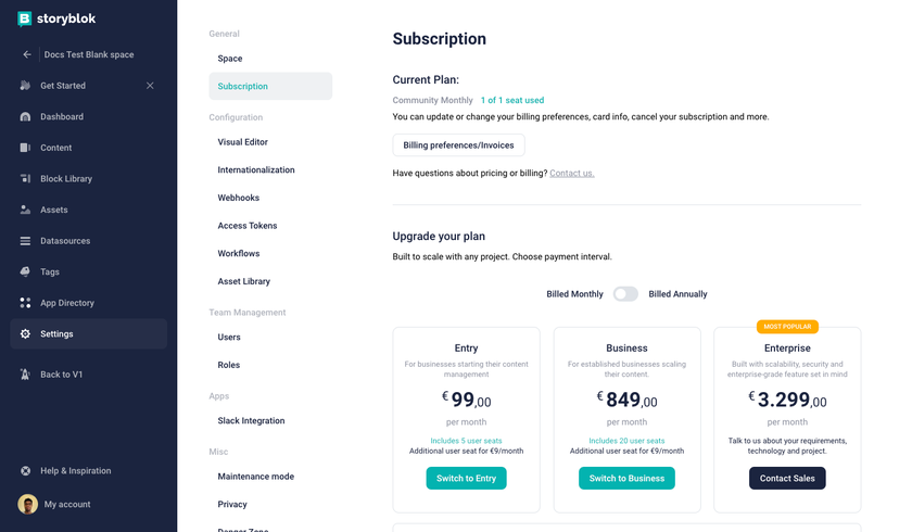 Storyblok Subscriptions tab 