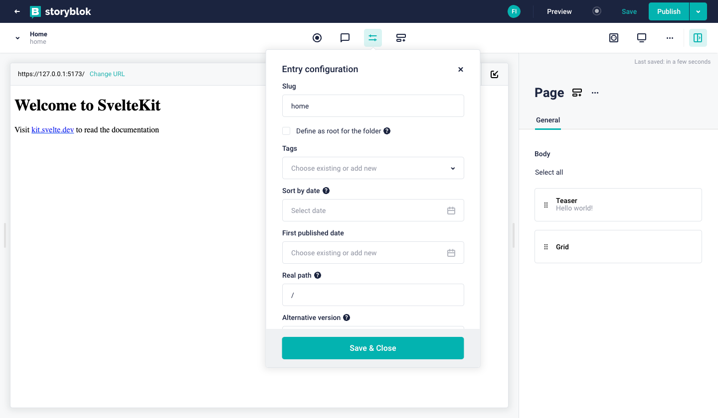 Sveltekit Start screen in the Visual Editor
