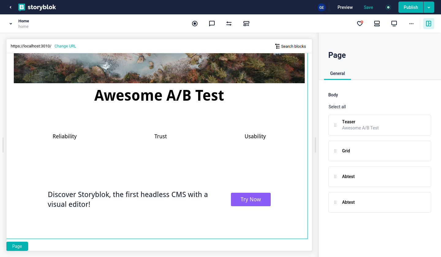 Page with A/B test components
