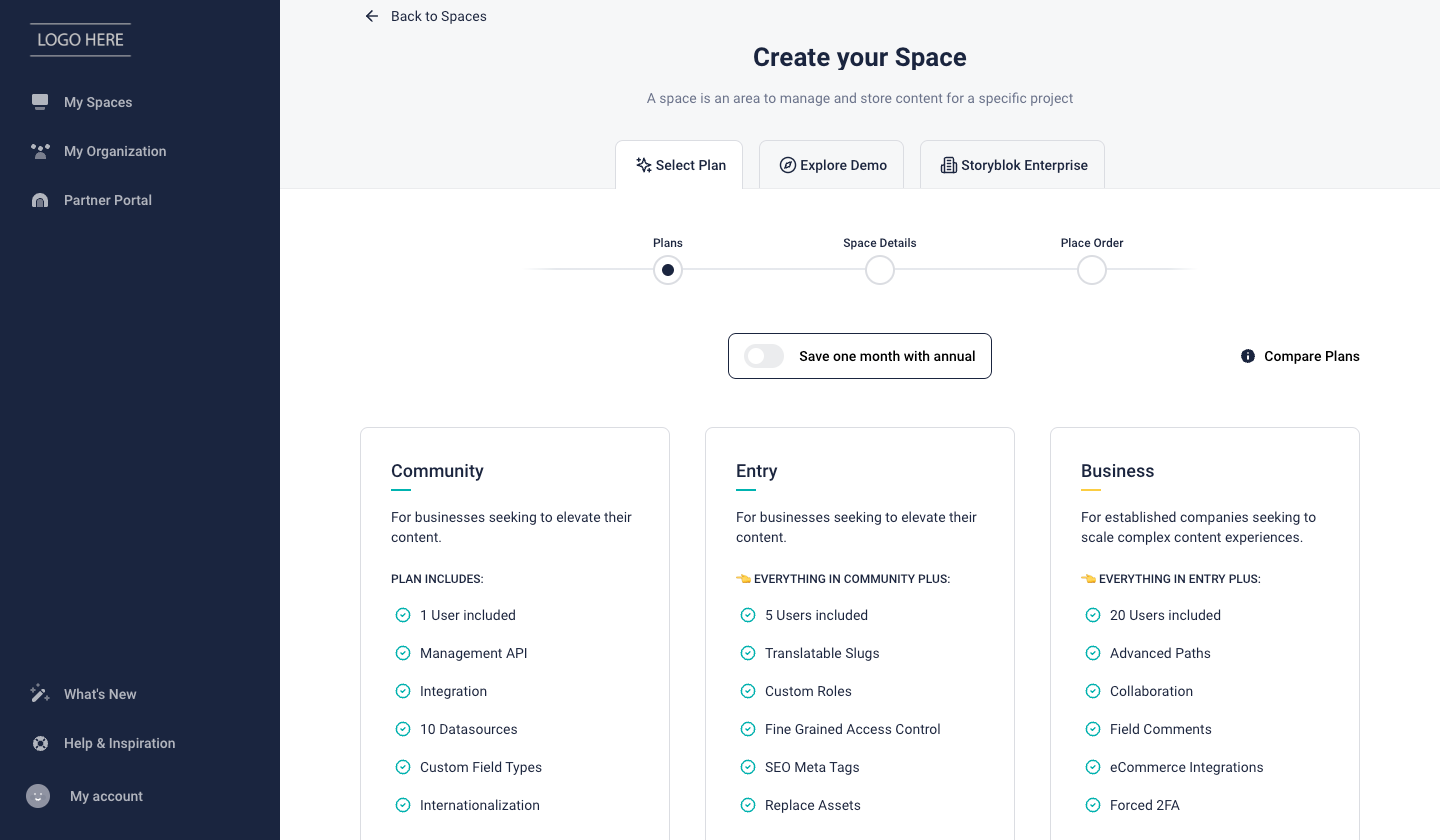 Creating a new space in Storyblok