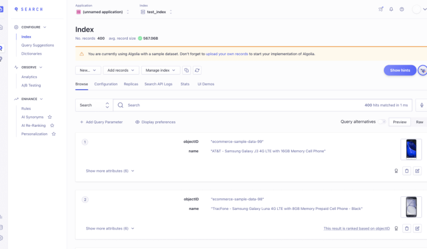 Algolia user dashboard