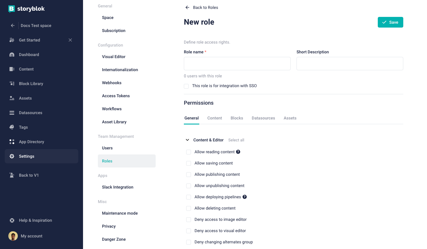 An annotated screenshot of the Roles category in settings