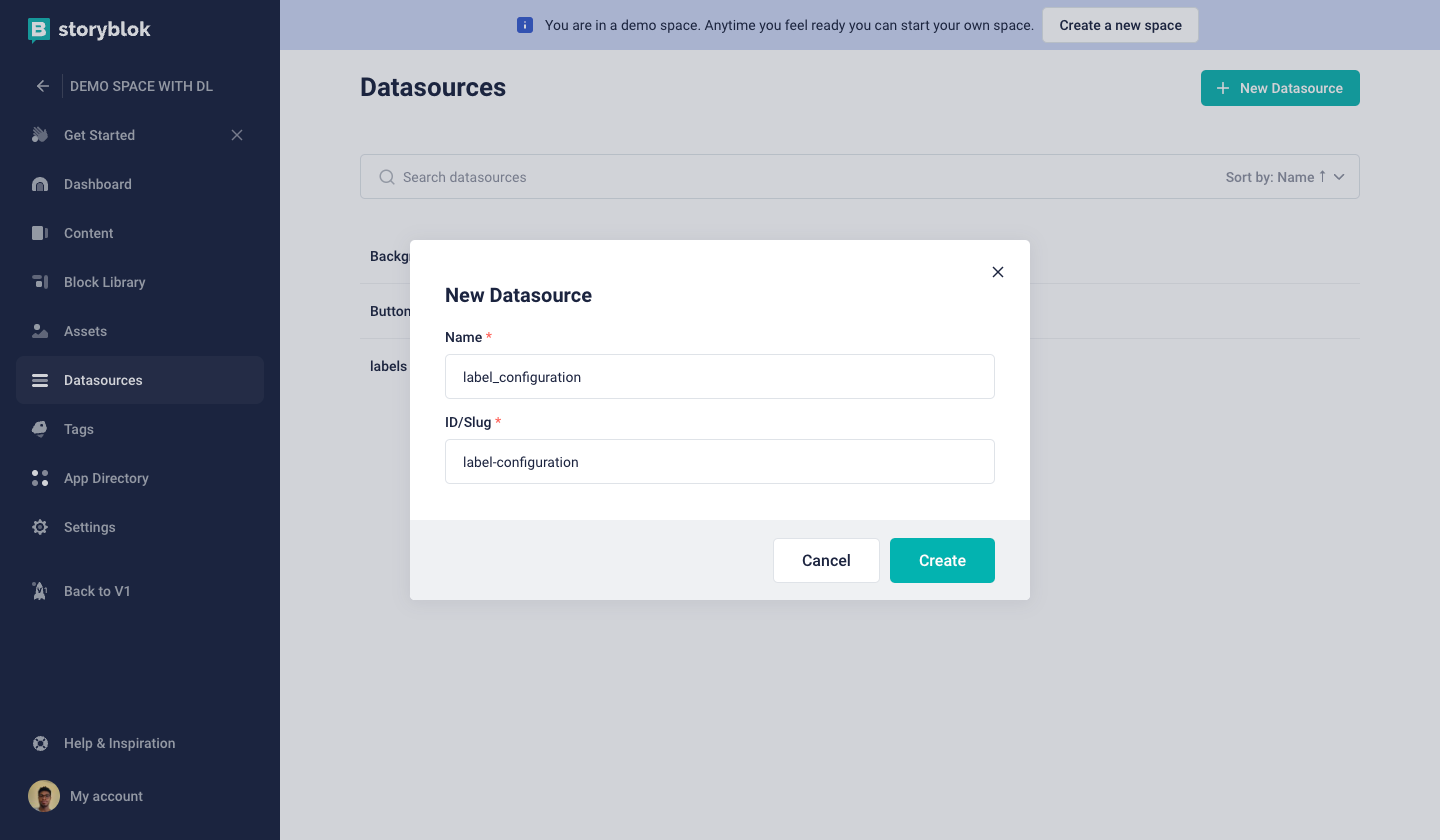Creating a datasource on Storyblok
