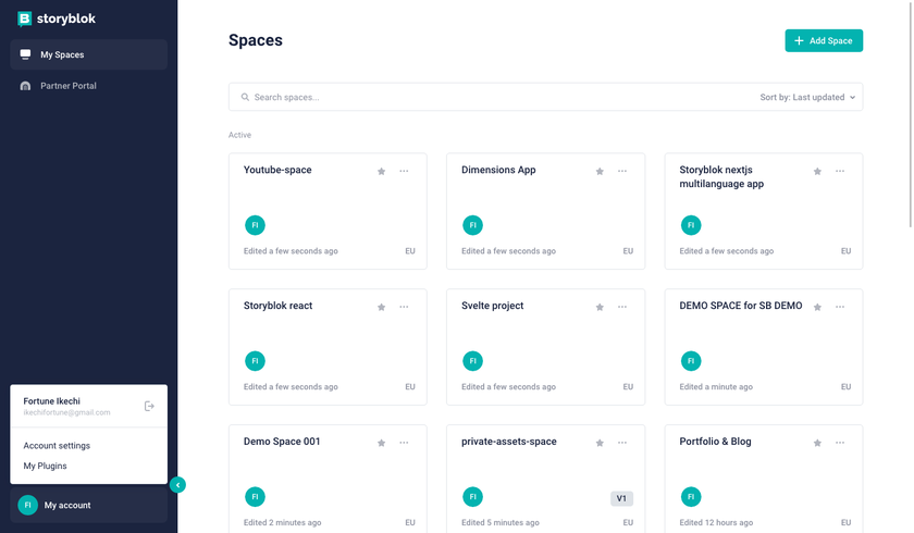 Storyblok account settings 
