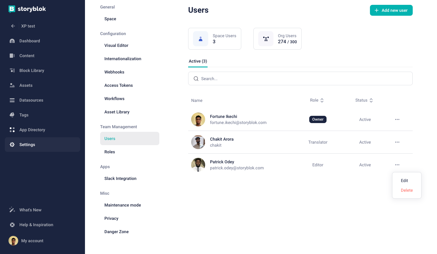 Editing a user role in a space