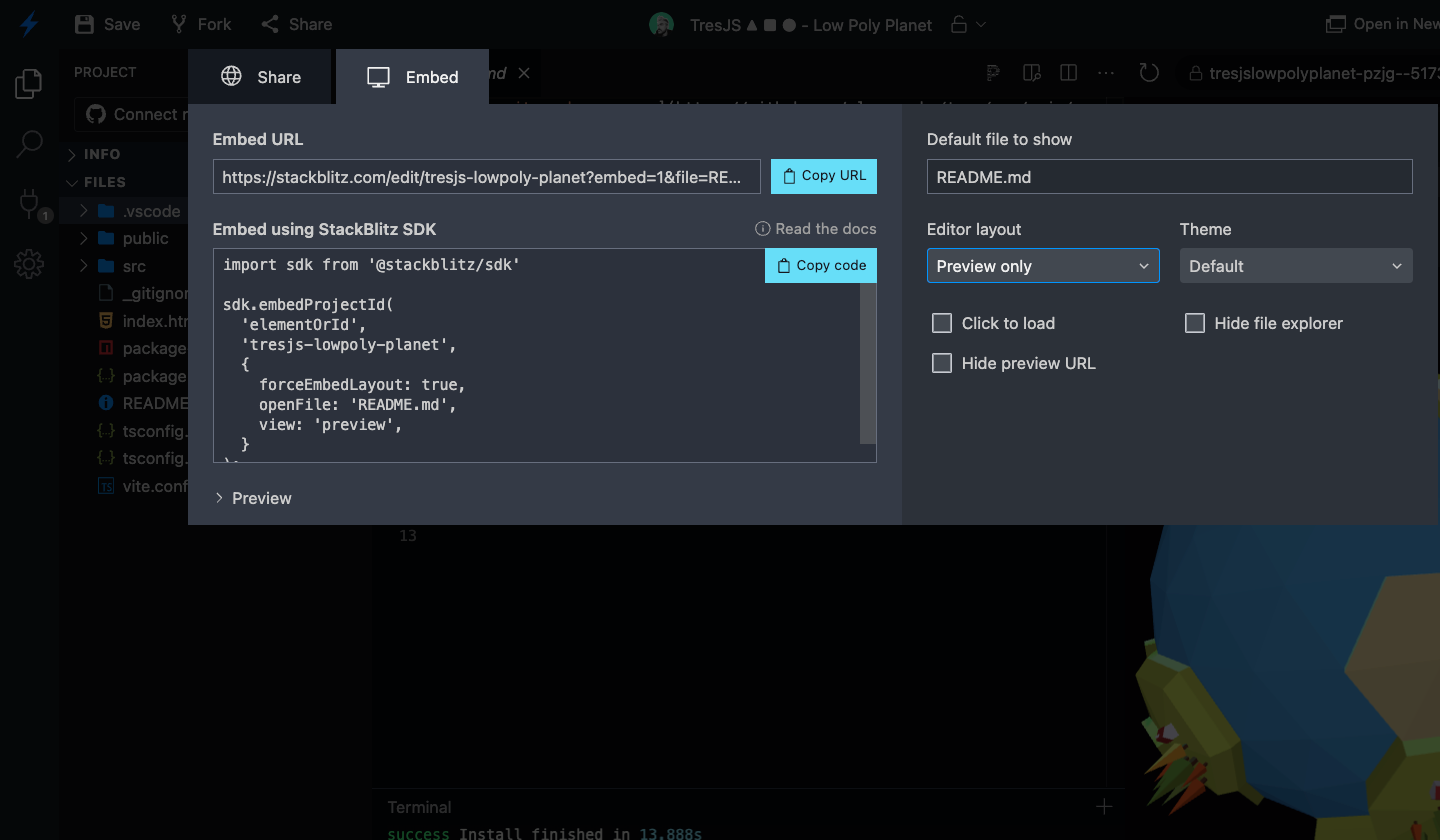 Stackblitz Share Embed options