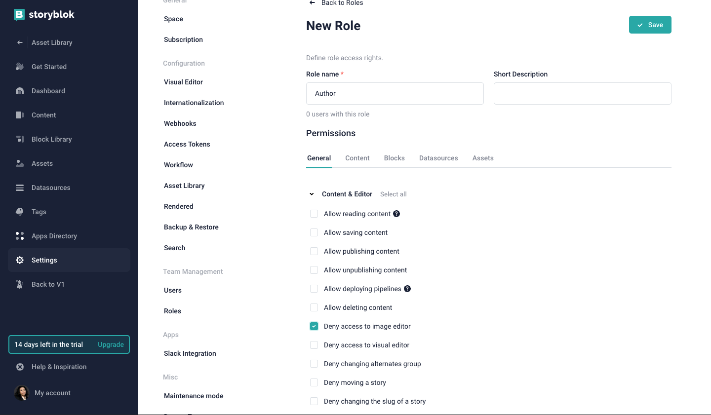 An annotated screenshot of how to disable the image editor via Roles and Permissions