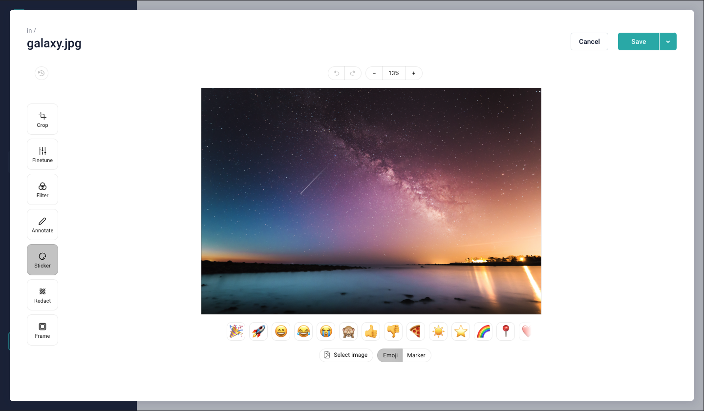 A screenshot of the Image Editor with the Sticker feature selected