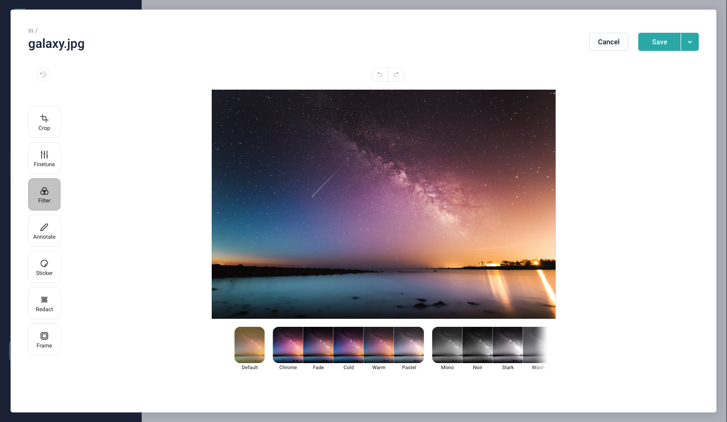 A screenshot of the Image Editor with the Filter feature selected