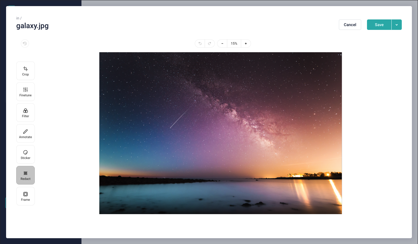 A screenshot of the Image Editor with the Redact feature selected