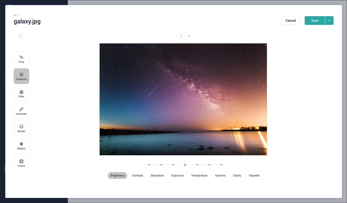 A screenshot of the Image Editor with the Finetune feature selected