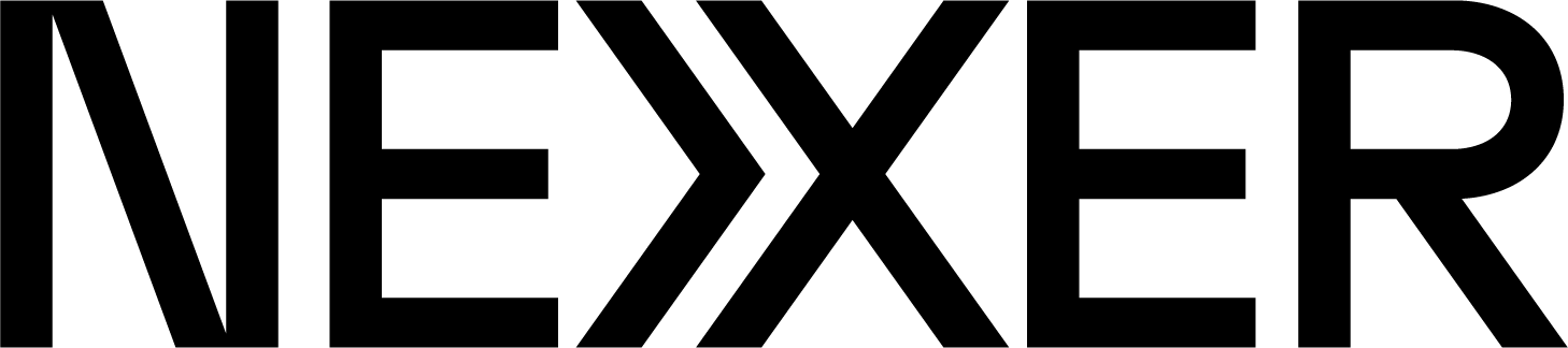 Bold black text spelling "NEXER" on a white background, with a distinctive double-chevron design in place of the "X".