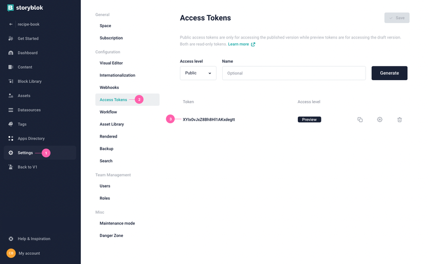 An annotated screenshot of how to retrieve API keys from the Settings tab on the Storyblok app