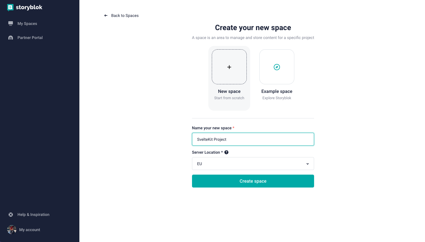 Screenshot of creating a new Space in Storyblok.