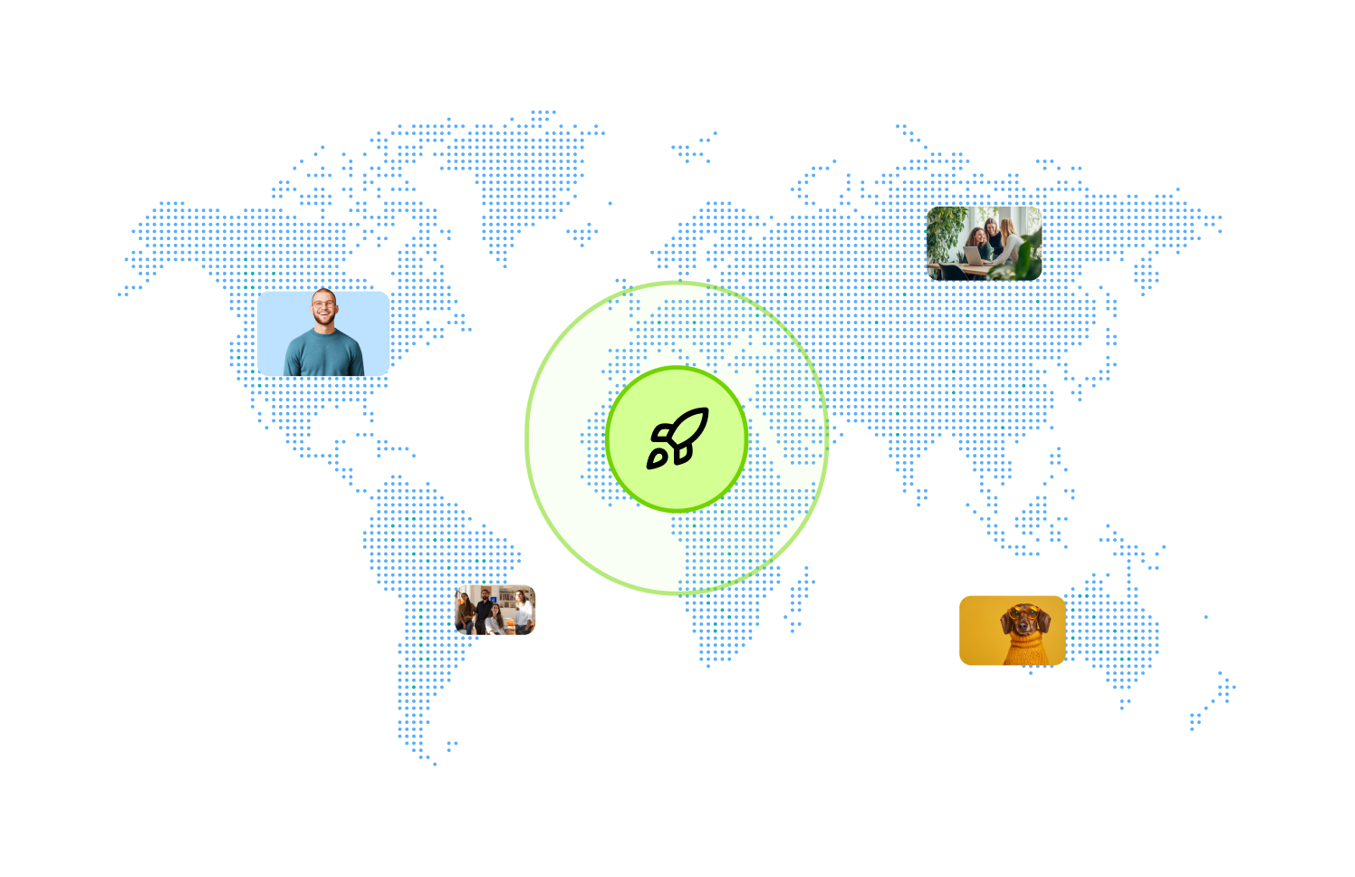 A world map with a green circle featuring a rocket icon in the center, and four photos around the map showing diverse people and activities.