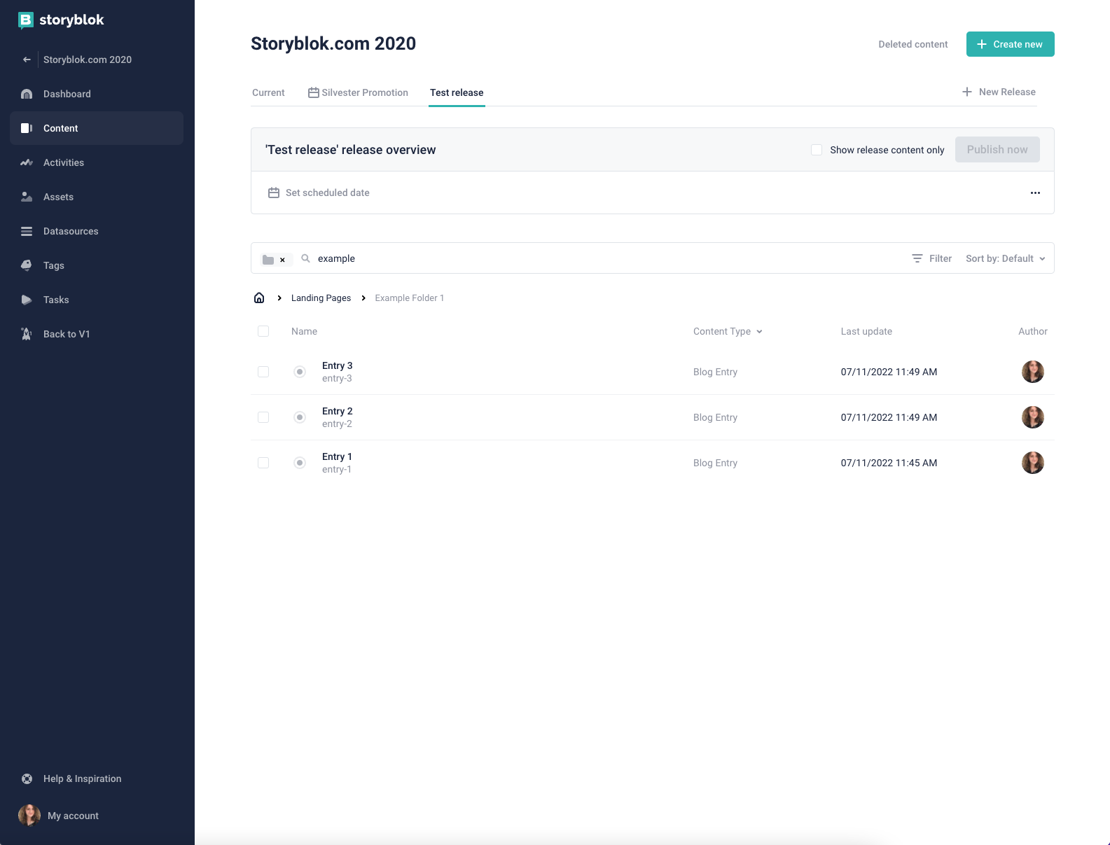 The screen for editing content for a release