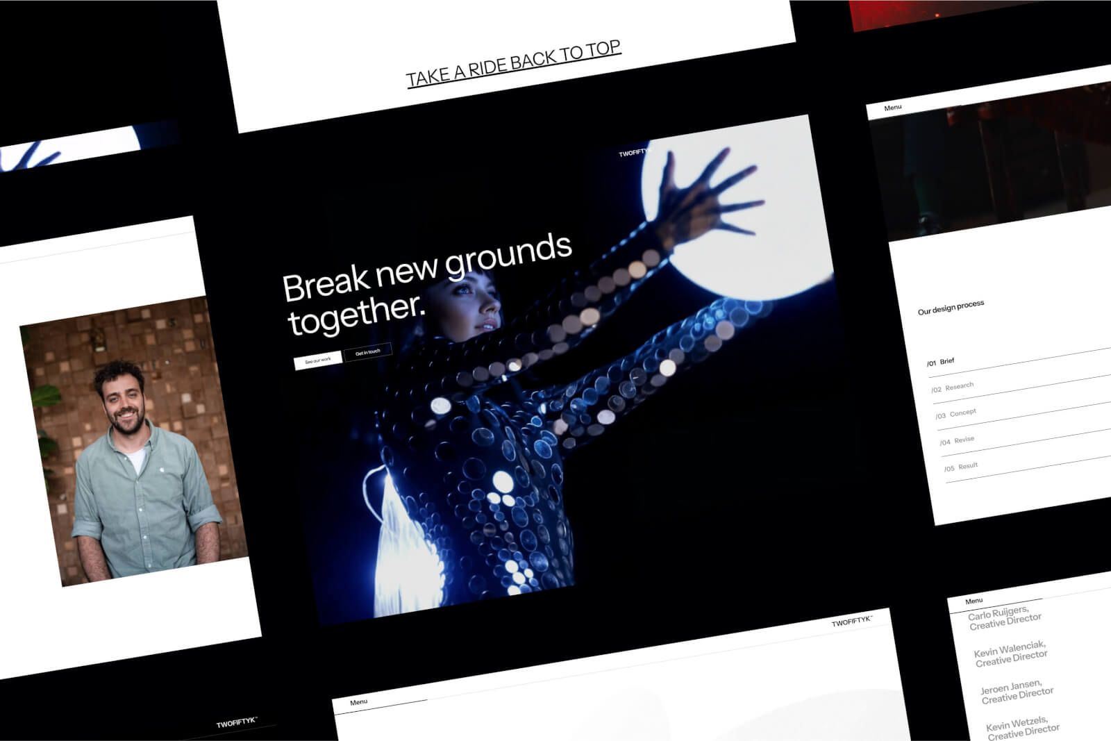 Collage of web design elements featuring a smiling man and a futuristic image of a woman in a sequined outfit under the slogan "Break new grounds together."