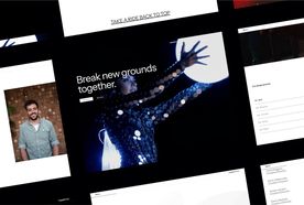 Collage of web design elements featuring a smiling man and a futuristic image of a woman in a sequined outfit under the slogan "Break new grounds together."