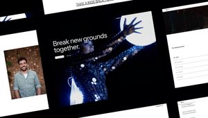 Collage of web design elements featuring a smiling man and a futuristic image of a woman in a sequined outfit under the slogan "Break new grounds together."