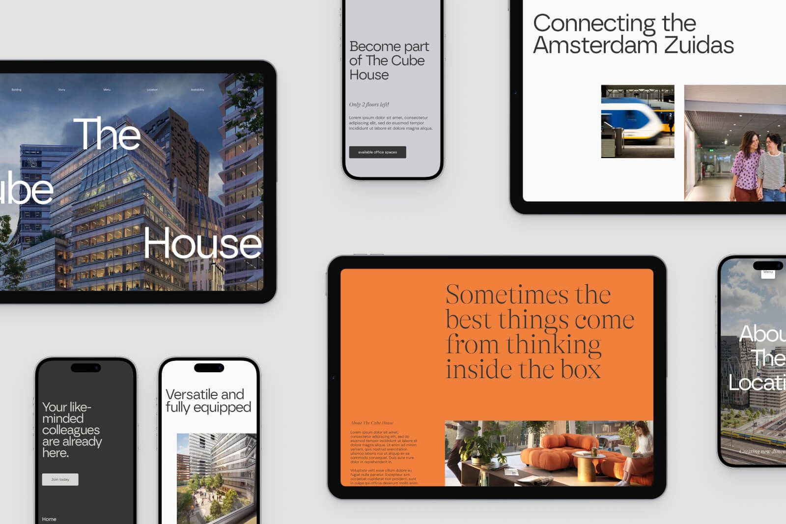 Various devices displaying promotional content for "The Cube House," including images of architecture and text about the Amsterdam Zuidas and features.