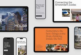 Various devices displaying promotional content for "The Cube House," including images of architecture and text about the Amsterdam Zuidas and features.