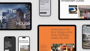 Various devices displaying promotional content for "The Cube House," including images of architecture and text about the Amsterdam Zuidas and features.