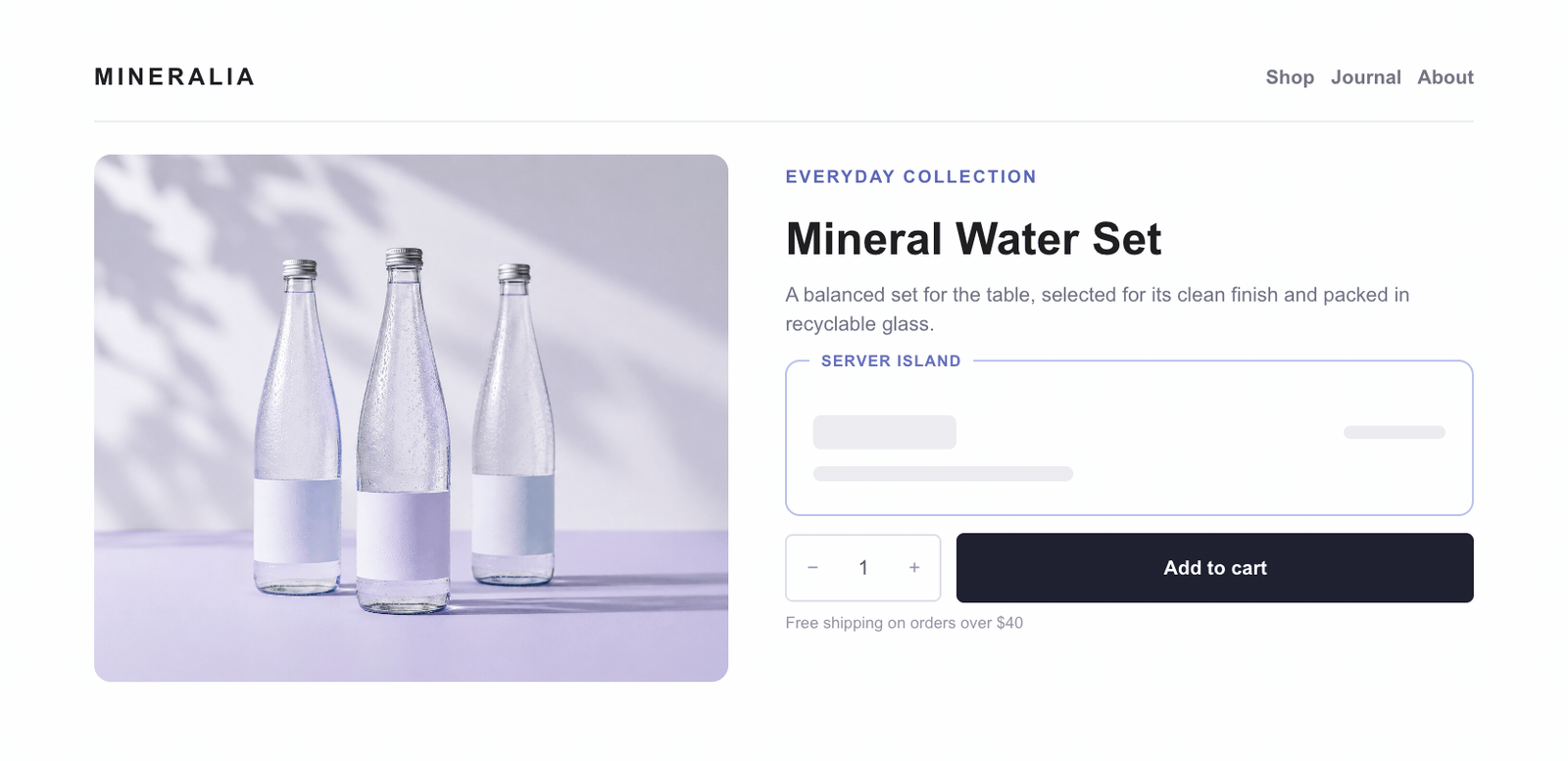 Product page with a highlighted Server Island that displays a loading placeholder, then the current price and stock status.