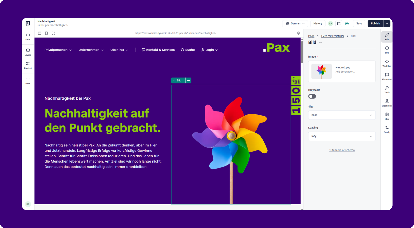 A website interface displaying text in German about sustainability at Pax, alongside an image of a colorful pinwheel on a purple background.
