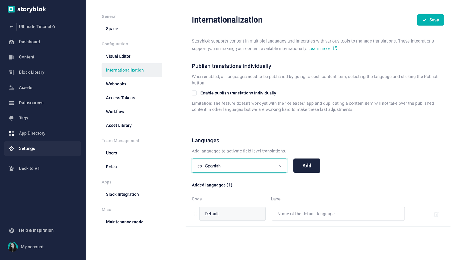 Adding a language in the Storyblok space