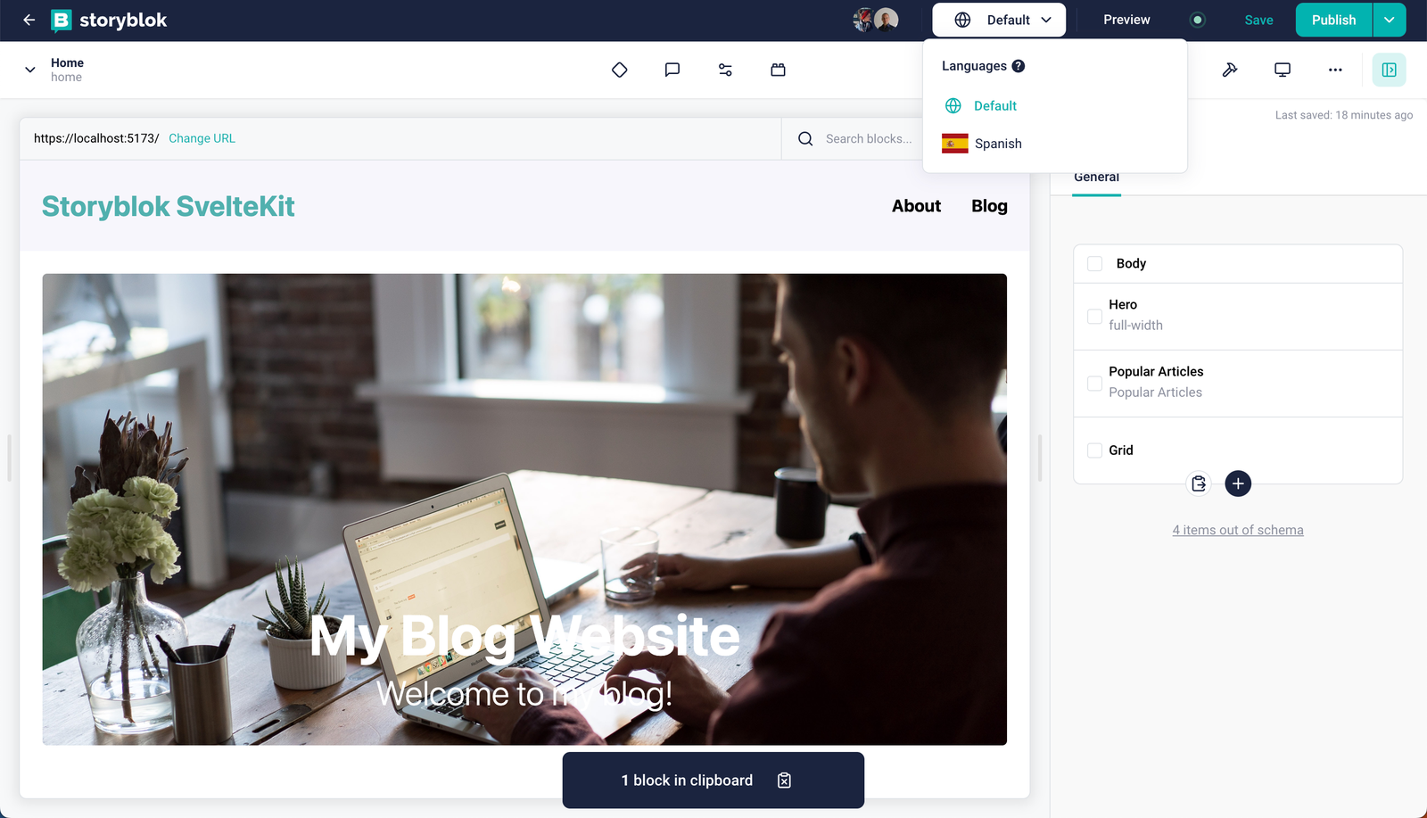 Language drop-down in the Storyblok space action bar