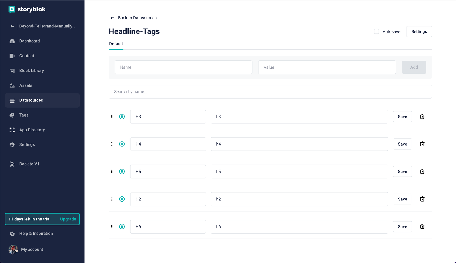 Data source set of headline tags except h1.