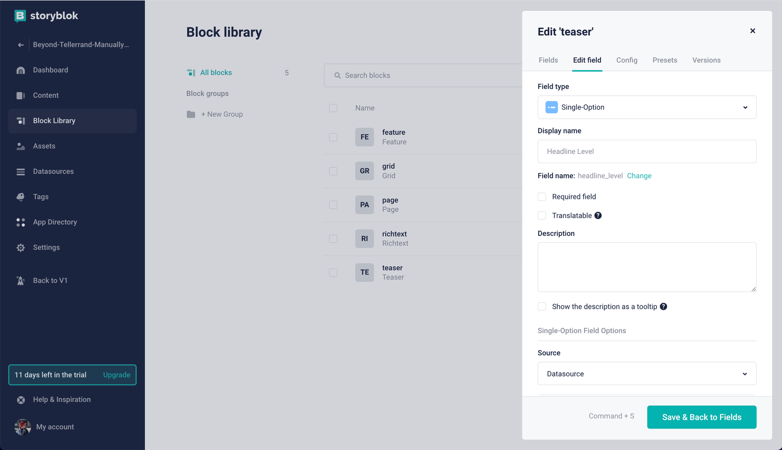Adding a single-option field to the Teaser component in the Blocklibrary